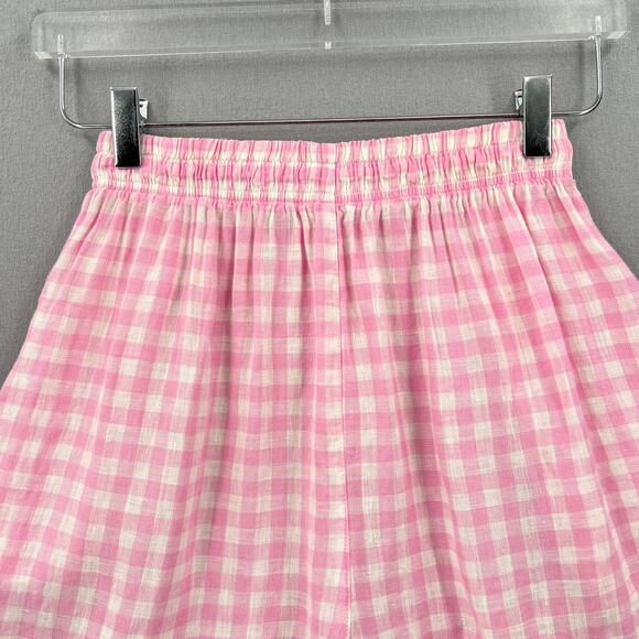 FRANKIES BIKINIS Lou Gingham Shorts Women Medium Pink Linen Drawstring High Rise - Picture 8 of 16